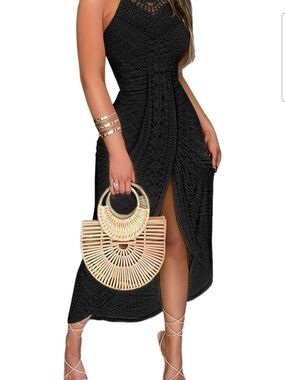 Black Crochet Halter High-Low Dress with Front Slit